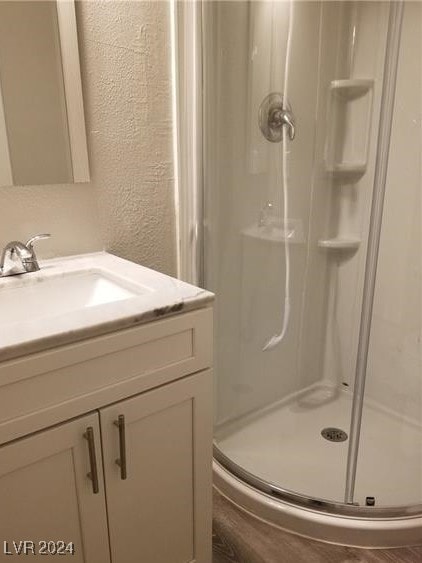 bathroom with vanity and walk in shower