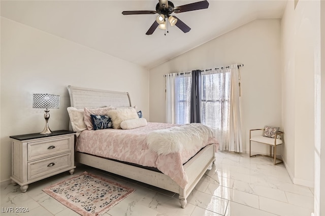 bedroom with ceiling fan and vaulted ceiling