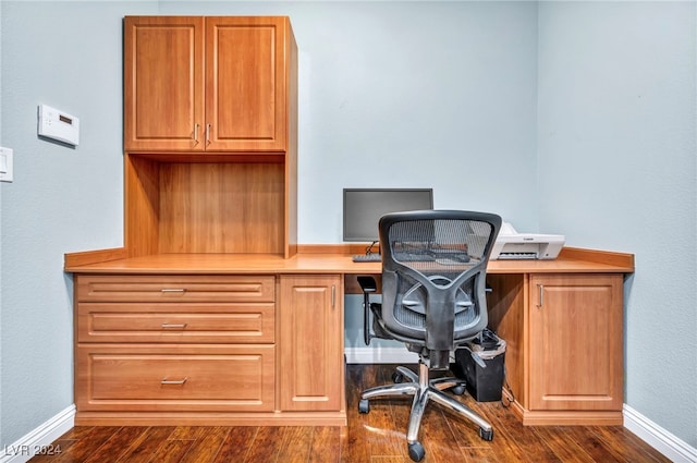 office space with dark hardwood / wood-style floors and built in desk