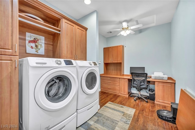 laundry area featuring cabinets, light wood-type flooring, washer and clothes dryer, and ceiling fan