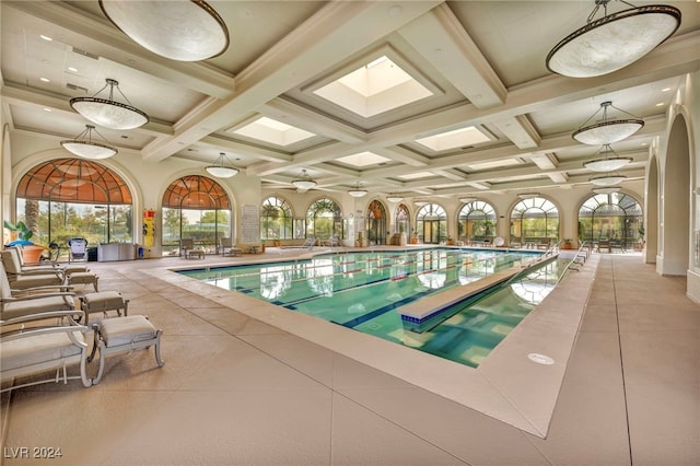 view of pool featuring a skylight and ceiling fan