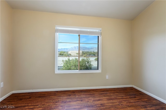 unfurnished room with a mountain view and dark wood-type flooring