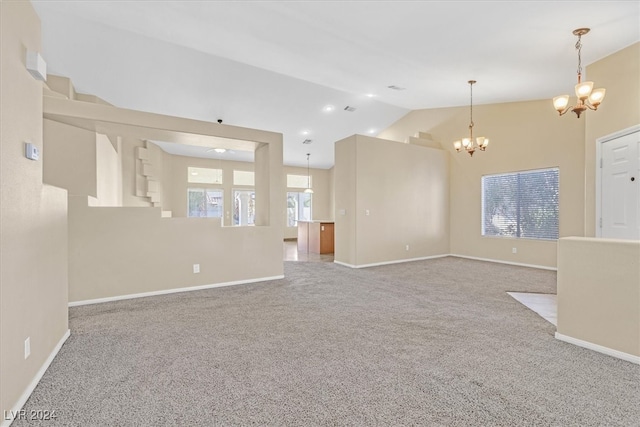 unfurnished living room featuring light carpet, lofted ceiling, and an inviting chandelier