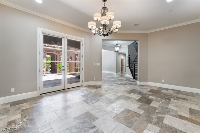 2804 Josephine Dr, Henderson, NV 89044 - empty room featuring stone tile floors, a chandelier, baseboards, stairway, and crown molding