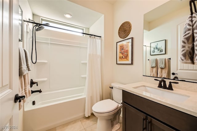 full bathroom with vanity, tile patterned flooring, shower / bathtub combination with curtain, and toilet