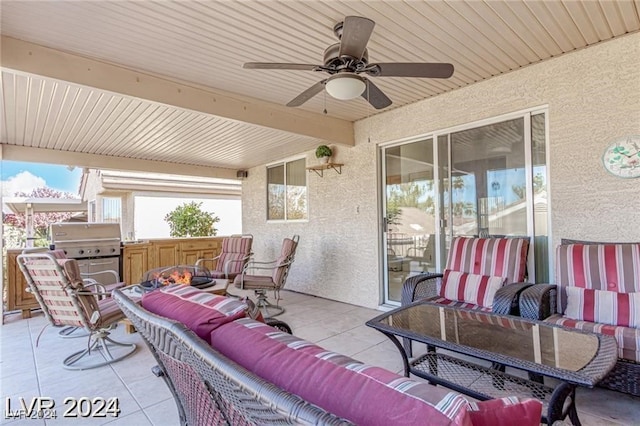 view of patio / terrace with an outdoor living space, ceiling fan, and a grill