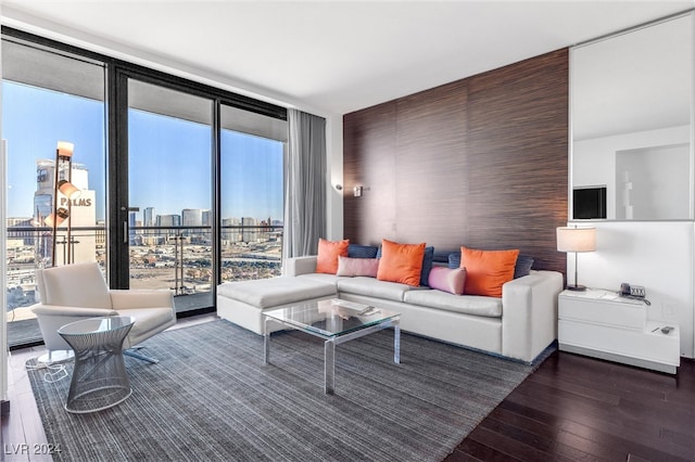 living room featuring dark hardwood / wood-style flooring and a wall of windows