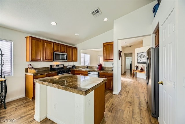 kitchen with appliances with stainless steel finishes, a wealth of natural light, lofted ceiling, and sink