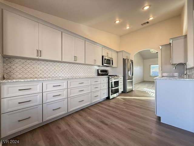 kitchen featuring white cabinets, decorative backsplash, stainless steel appliances, and dark wood-type flooring