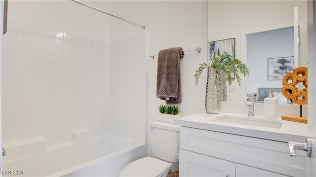 full bathroom with toilet, vanity, and bathing tub / shower combination