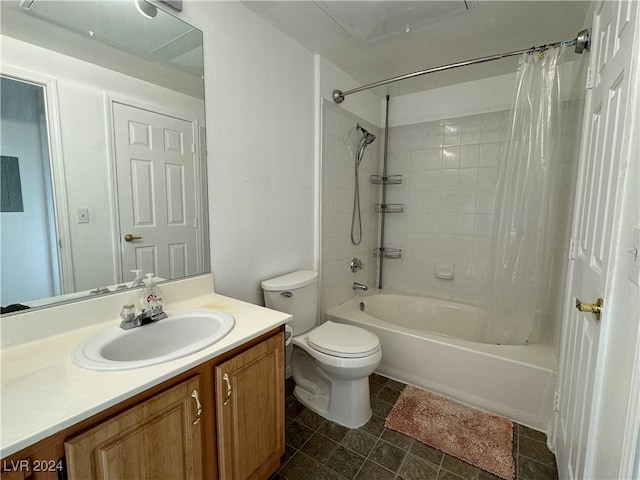 full bathroom with vanity, shower / bathtub combination with curtain, and toilet