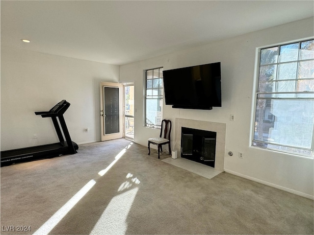 unfurnished living room with light colored carpet