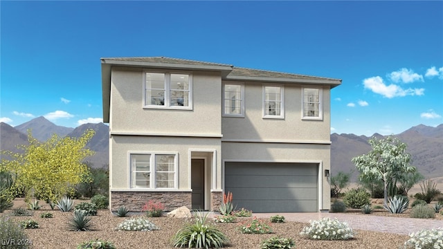 7139 Serene Creek St, Las Vegas, NV 89131 - view of front facade featuring a mountain view, driveway, a garage, stone siding, and stucco siding