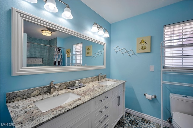 bathroom featuring plenty of natural light, toilet, walk in shower, and vanity