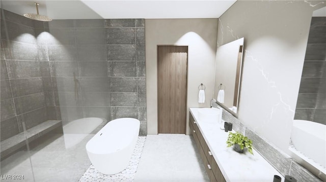 bathroom featuring vanity, plus walk in shower, and tile walls