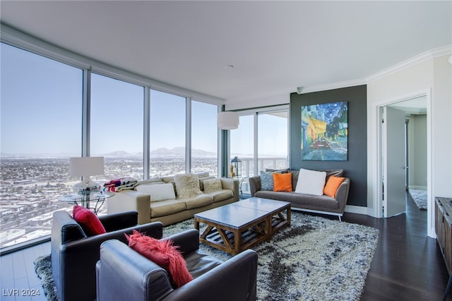 living room with dark hardwood / wood-style floors, floor to ceiling windows, a mountain view, and crown molding