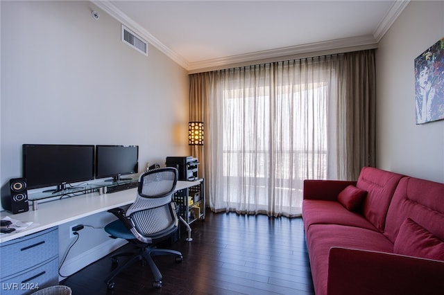 office space featuring dark hardwood / wood-style flooring and ornamental molding