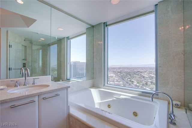 bathroom with vanity, separate shower and tub, and plenty of natural light