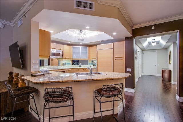 kitchen featuring kitchen peninsula, light brown cabinetry, dark hardwood / wood-style flooring, light stone countertops, and a breakfast bar area