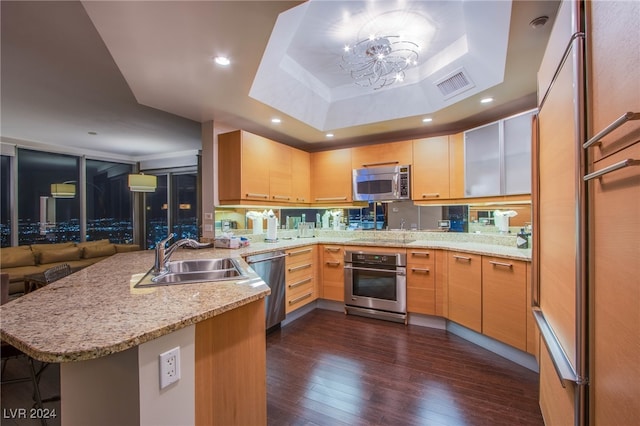 kitchen with sink, dark wood-type flooring, a raised ceiling, kitchen peninsula, and appliances with stainless steel finishes