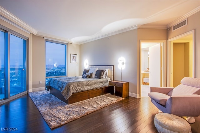 bedroom with ensuite bath, crown molding, dark hardwood / wood-style flooring, and access to exterior