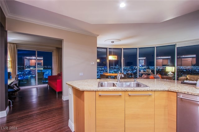 kitchen featuring light stone countertops, ornamental molding, dark wood-type flooring, and sink