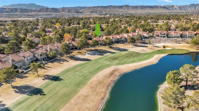 bird's eye view featuring a water and mountain view