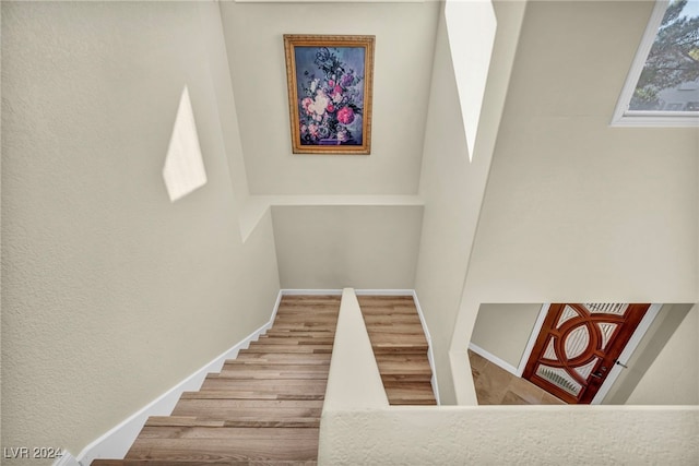 stairway featuring hardwood / wood-style floors