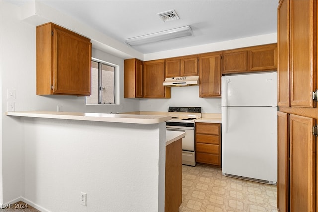 kitchen featuring white appliances and kitchen peninsula