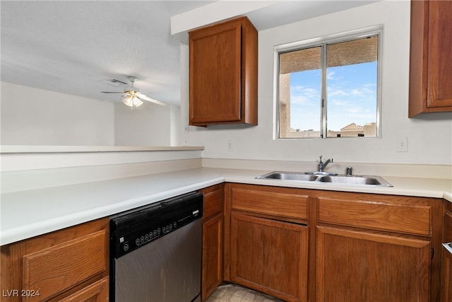 kitchen featuring dishwasher, ceiling fan, and sink