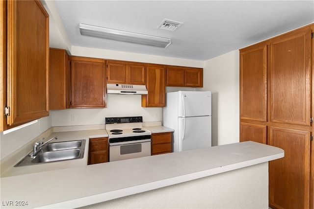 kitchen with a textured ceiling, kitchen peninsula, sink, and white appliances