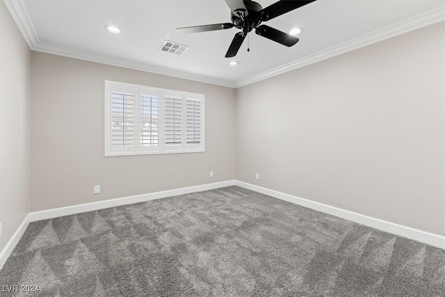 empty room with carpet flooring, crown molding, and ceiling fan