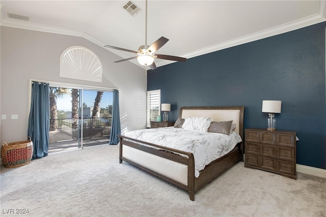 carpeted bedroom featuring ceiling fan, lofted ceiling, crown molding, and access to outside