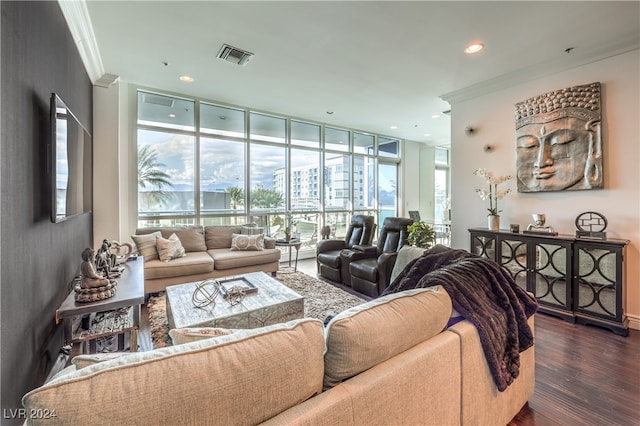 living room featuring a wall of windows, dark hardwood / wood-style flooring, and ornamental molding