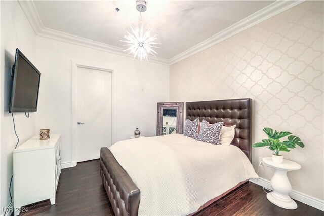 4525 Dean Martin Dr Unit 302, Las Vegas, NV 89103 - bedroom featuring dark wood-style floors, crown molding, and a chandelier