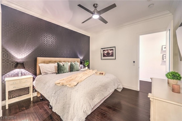 4525 Dean Martin Dr Unit 302, Las Vegas, NV 89103 - bedroom featuring ornamental molding, dark wood-style floors, and a ceiling fan