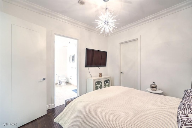4525 Dean Martin Dr Unit 302, Las Vegas, NV 89103 - bedroom with a chandelier, dark wood-style floors, crown molding, connected bathroom, and a closet