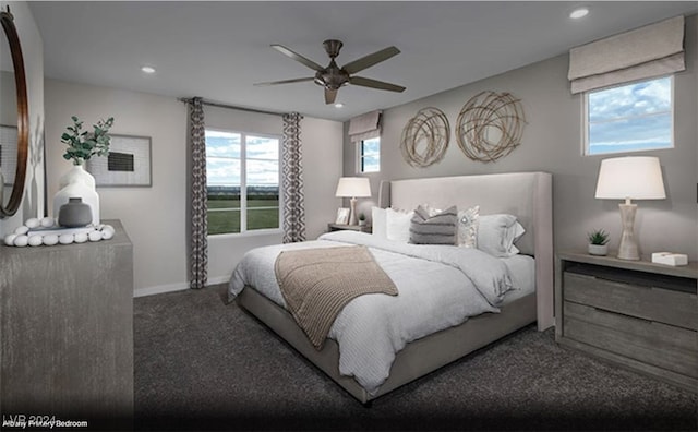 bedroom featuring ceiling fan and carpet flooring