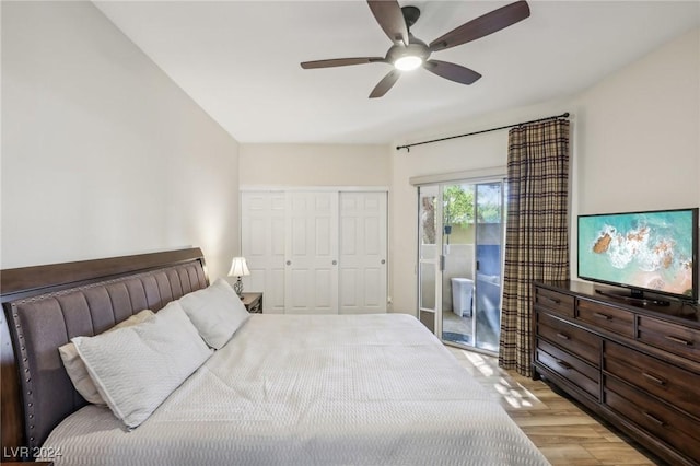 bedroom featuring ceiling fan and light hardwood / wood-style floors