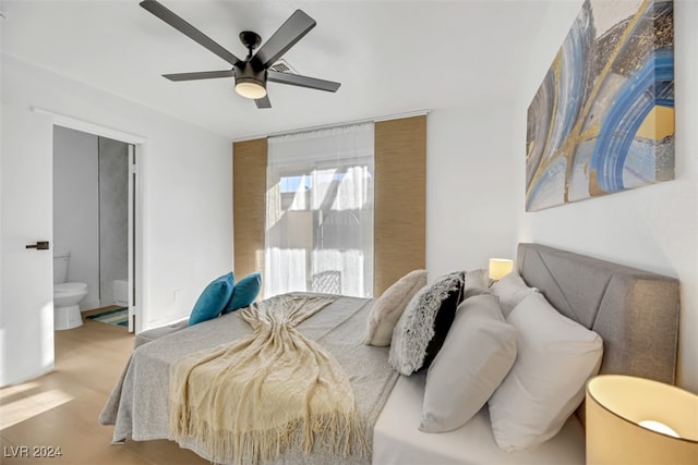 bedroom featuring connected bathroom and ceiling fan