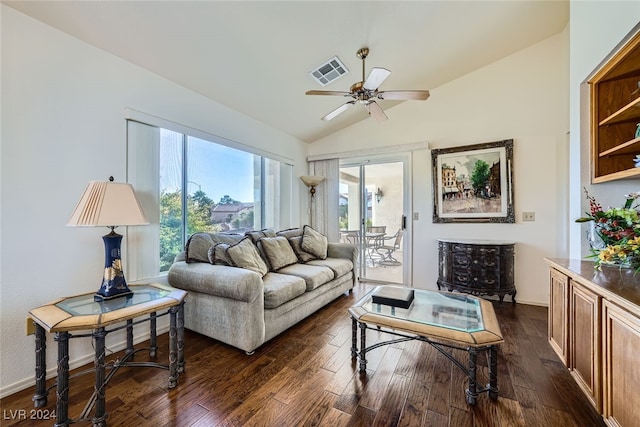 living room featuring ceiling fan, dark hardwood / wood-style flooring, and lofted ceiling