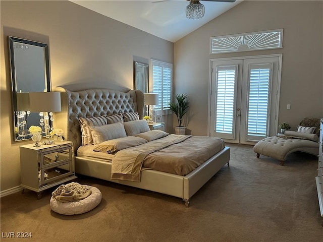 carpeted bedroom with ceiling fan, access to exterior, french doors, and vaulted ceiling