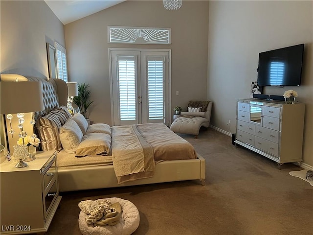 bedroom featuring french doors, access to outside, dark carpet, and lofted ceiling