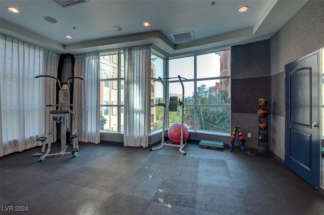 exercise room with a tray ceiling and a healthy amount of sunlight