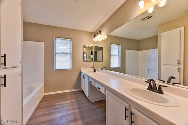 bathroom with vanity, hardwood / wood-style flooring, and plenty of natural light