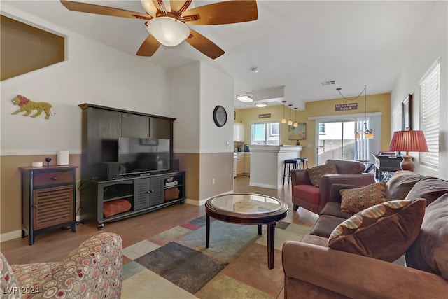 living room featuring ceiling fan