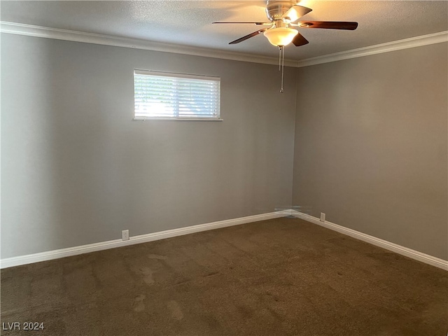 carpeted empty room with a textured ceiling, ceiling fan, and crown molding