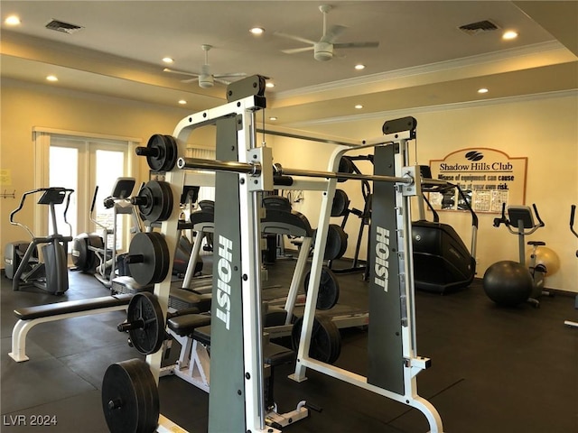 gym featuring crown molding and ceiling fan