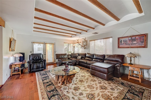 living room with a healthy amount of sunlight and hardwood / wood-style flooring