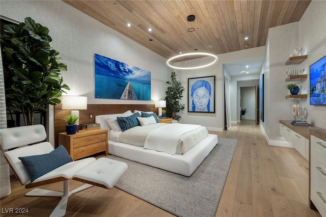 bedroom featuring wooden ceiling and light wood-type flooring